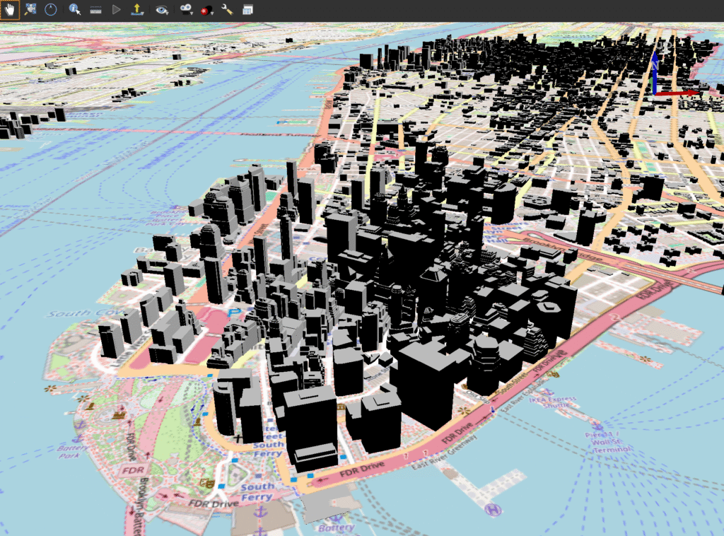 图 2:QGIS 三维瓦片 渲染效果(纽约市)Cesium OSM Buildings 数据集,OSM 底图