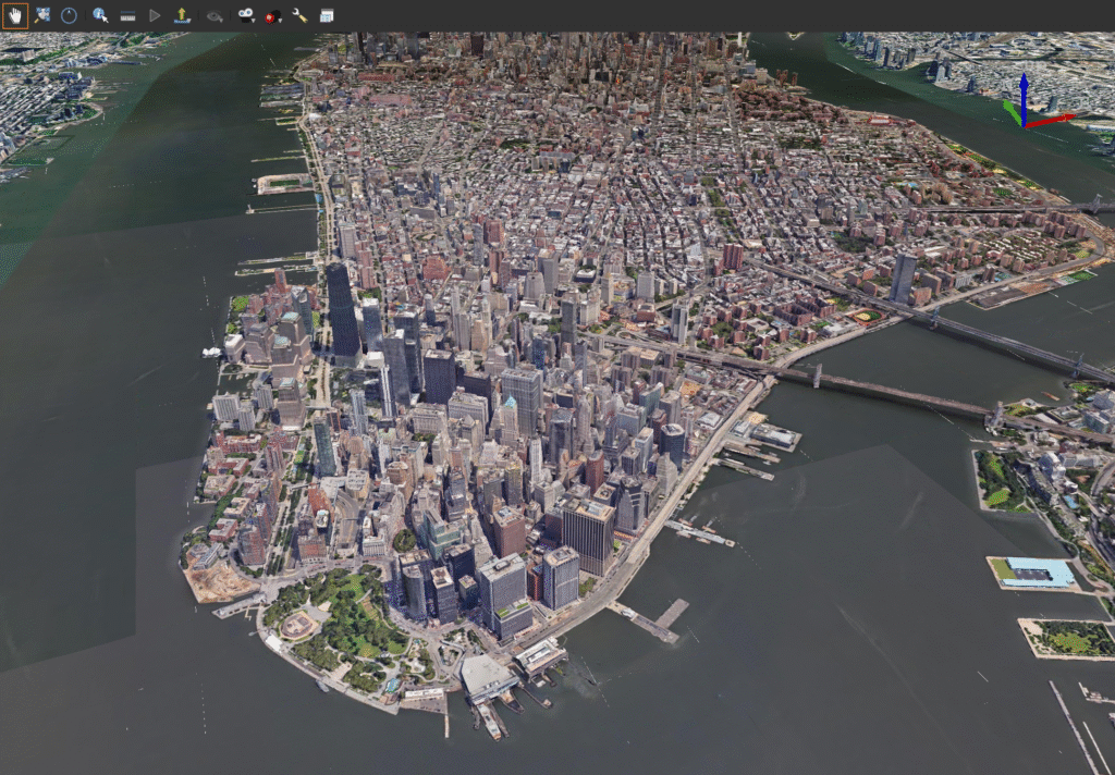 图 1:QGIS 三维瓦片 渲染效果(纽约市)Google Photorealistic 3D Tiles 数据集