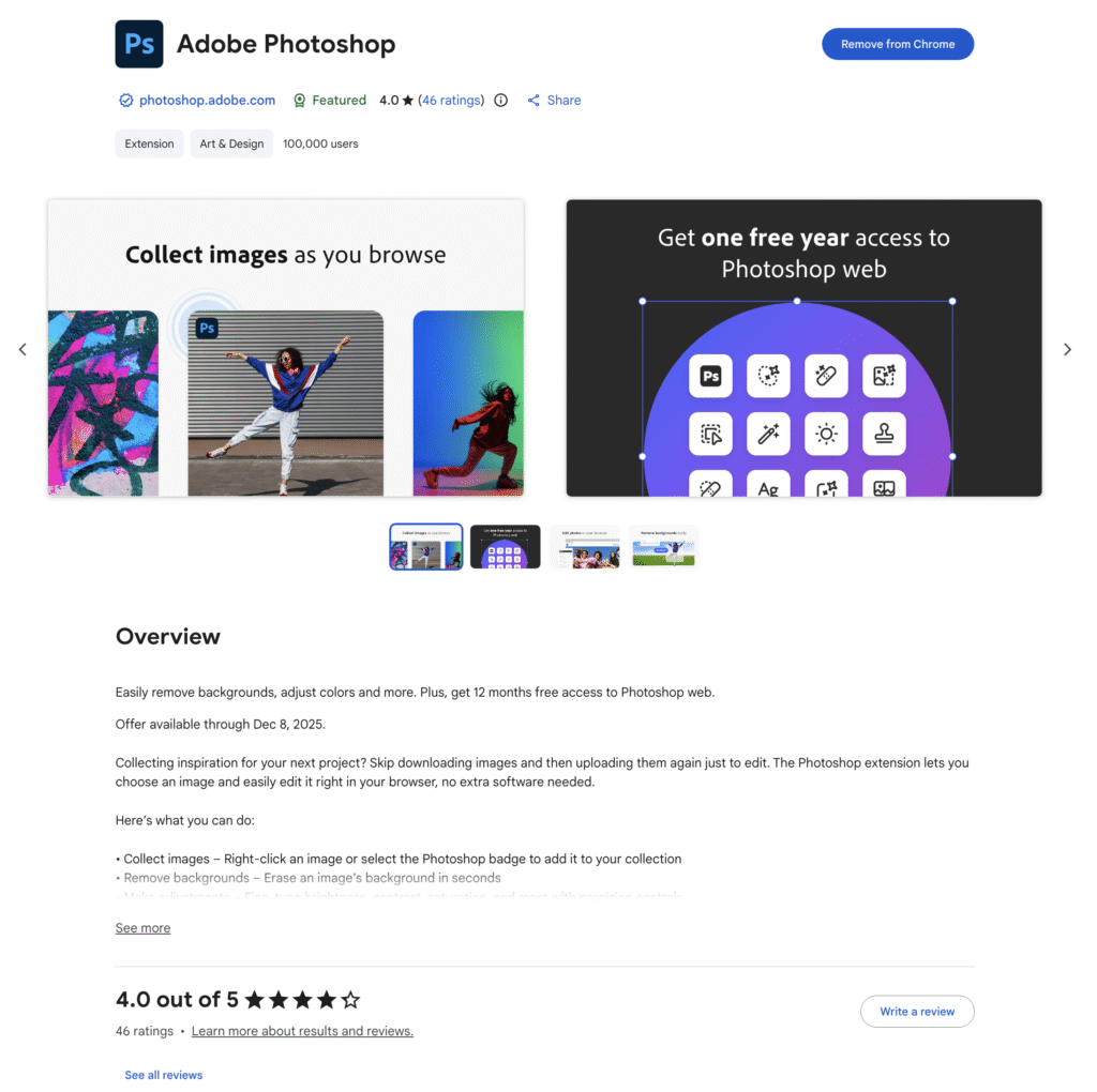 图2:Chrome 应用商店中的 Adobe Photoshop 扩展安装页面