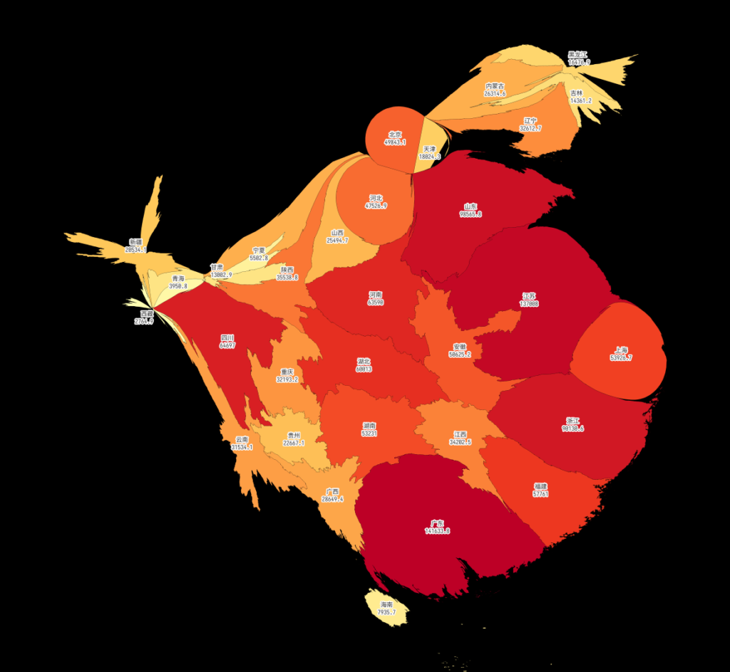 2024年末分地区GDP 统计变形图（cartogram），迭代50次，平均误差13%