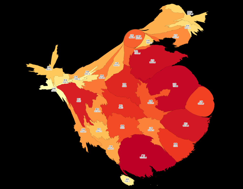 2024年末分地区GDP 统计变形图（cartogram），迭代10次，平均误差43%
