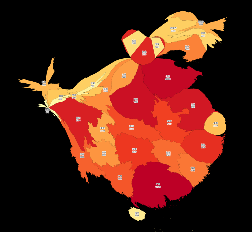 2024年末分地区人口 统计变形图（cartogram），迭代43次，平均误差10%