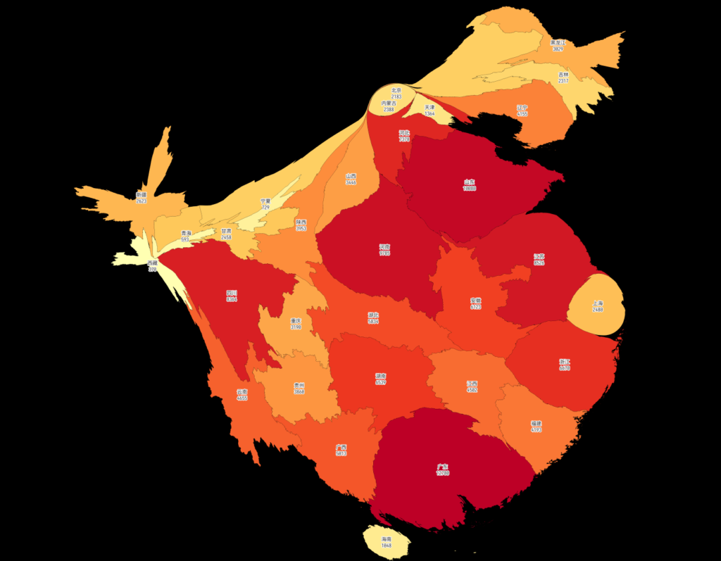 2024年末分地区人口 统计变形图（cartogram），迭代10次，平均误差31%